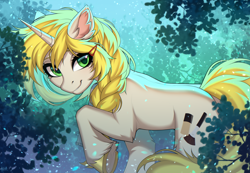 Size: 3100x2143 | Tagged: safe, artist:hakaina, imported from derpibooru, oc, oc only, oc:coppertone, unicorn, fanfic:compatī, braid, clothes, hair over one eye, hairclip, horn, looking at you, scarf, unshorn fetlocks