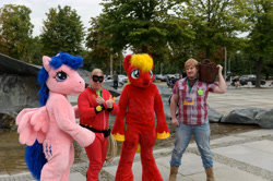 Size: 4928x3264 | Tagged: safe, imported from derpibooru, big macintosh, firefly, human, 2015, fursuit, g1, galacon, irl, irl human, outdoors, photo, ponysuit