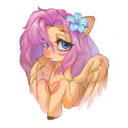 Size: 1200x1200 | Tagged: safe, artist:melonlicious, imported from derpibooru, fluttershy, blue eyes, flower, flower in hair, pink mane, simple background, yellow skin