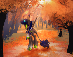 Size: 2048x1590 | Tagged: safe, artist:cupute, imported from derpibooru, oc, oc only, oc:borious, kirin, pony, alternative horn, autumn, black coat, blade, blue horn, blue mane, cloven hooves, colored eyebrows, colored horn, commission, commission open, cute, damaged, digital art, digital painting, ear fluff, ears up, facial scar, fluffy tail, frown, gradient legs, great sword, green hooves, green horn, hoof hold, horn, kirin oc, kirinbetes, leaves, leg fluff, light shining, lights, long legs, long tail, longing, looking to the left, male, outdoors, procreate app, raised hoof, red eyes, rust, rusted blade, rusted sword, scar, scenery, shiny, shiny eyes, snow, snowflake, solo, solo male, sunlight, sword, tail, thick eyebrows, tree, unshorn fetlocks, warm, warm colors, weapon