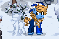 Size: 958x629 | Tagged: safe, imported from derpibooru, oc, oc only, oc:blue cookie, earth pony, pony, pony town, clothes, digital art, earth pony oc, male, pixel art, scarf, snow, snowpony, solo, stallion