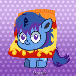 Size: 3300x3300 | Tagged: safe, artist:enochian, imported from derpibooru, oc, oc only, oc:bak, pony, unicorn, blue mane, chibi, fire, horn, male, purple eyes, purple mane, solo, stallion, unicorn oc