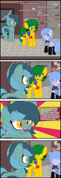 Size: 2496x7194 | Tagged: safe, artist:jerkface, oc, oc:blocky bits, oc:dusky, oc:lockie, oc:lucky roll, bat pony, earth pony, pony, background, bat pony oc, bat wings, chair, clothes, comic, dialogue, dialogue box, dot eyes, earth pony oc, eye clipping through hair, eyes closed, fangs, grin, lego, necktie, open mouth, open smile, raised eyebrow, smiling, socks, speech bubble, trottingham, underhoof, wings