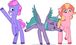 Size: 2285x1356 | Tagged: safe, artist:equestriaexploration, imported from derpibooru, alicorn, earth pony, pony, do the sparkle, g5, long legs, shiny sparks, simple background, strawberry blonde, sugarpuff lilac, transparent background