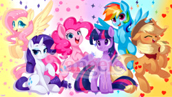 Size: 2000x1125 | Tagged: safe, artist:yangere, imported from derpibooru, applejack, fluttershy, pinkie pie, rainbow dash, rarity, twilight sparkle, alicorn, earth pony, pegasus, unicorn, female, horn, mane six, signature, twilight sparkle (alicorn), wallpaper, watermark