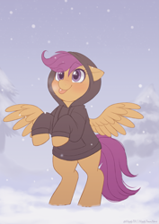 Size: 1121x1581 | Tagged: safe, artist:higgly-chan, imported from derpibooru, scootaloo, pegasus, pony, blushing, clothes, cold, eye clipping through hair, female, filly, foal, hoodie, looking up, mare, raised hooves, snow, snowfall, solo, spread wings, standing on two hooves, tongue out, tree, wings