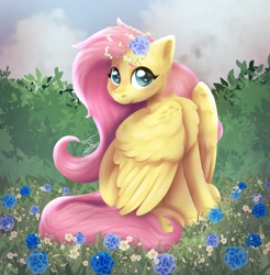 Size: 3075x3120 | Tagged: safe, artist:tigermcheh, imported from derpibooru, fluttershy, pegasus, pony, female, flower, flower in hair, high res, mare, meadow, outdoors, shy, sitting, solo, turned head