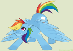 Size: 973x682 | Tagged: safe, artist:griffincloud, imported from derpibooru, rainbow dash, pegasus, pony, ass up, eye clipping through hair, face down ass up, female, hair over one eye, mare, simple background, smiling, solo, spread wings, wings