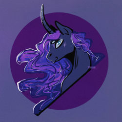 Size: 1500x1500 | Tagged: safe, artist:vaxhunt, imported from derpibooru, princess luna, pony, abstract background, bust, curved horn, female, horn, mare, portrait, profile, solo