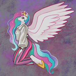 Size: 1500x1500 | Tagged: safe, artist:sonterra, imported from derpibooru, princess celestia, alicorn, anthro, unguligrade anthro, breasts, clothes, female, kneeling, profile, shirt, smiling, solo, spread wings, wings