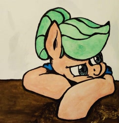 Size: 2448x2529 | Tagged: safe, artist:wren, oc, oc:desert princess, pony, clothes, disgruntled, female, hair bun, mare, shirt, table, traditional art, watercolor painting