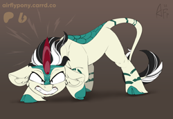 Size: 1600x1107 | Tagged: safe, artist:airfly-pony, imported from derpibooru, oc, kirin, 2021, angry, floppy ears, kirin oc, leg stripes, looking at you, male, oc name needed, patreon, patreon reward, striped, striped tail, stripes, tail