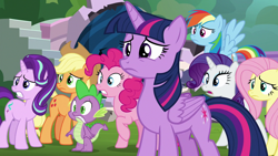 Size: 1280x720 | Tagged: safe, imported from derpibooru, screencap, applejack, fluttershy, pinkie pie, rainbow dash, rarity, spike, twilight sparkle, alicorn, earth pony, pegasus, pony, unicorn, school daze, horn, my little pony, reaction image, sad, shocked, twilight sparkle (alicorn), worried