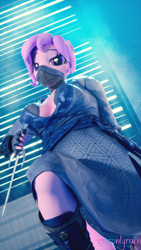 Size: 2160x3840 | Tagged: safe, artist:moonlyrain, imported from derpibooru, oc, oc:raining moon, anthro, 3d, 4k, armor, blade, boots, bra, clothes, dagger, dress, gloves, high res, looking at you, mask, night, ninja, shoes, solo, underwear, weapon