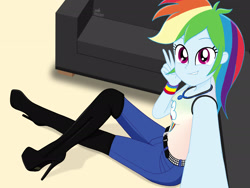 Size: 1920x1440 | Tagged: safe, artist:gibsterboy5, imported from derpibooru, rainbow dash, human, equestria girls, belt, belt buckle, black shoes, blue pants, boots, breasts, clothes, complex background, couch, cute, cutie mark, cutie mark on clothes, dashabetes, denim, female, geode of super speed, high heel boots, high heels, jeans, jewelry, leather, leather boots, lip bite, looking at you, magical geodes, multicolored hair, necklace, overknee boots, pants, peace sign, platform boots, platform heels, platform shoes, rainbow hair, selfie, sexy, shoes, signature, sitting, smiling, smiling at you, solo, studded belt, stupid sexy rainbow dash, tanktop, thigh boots, vector background, wristband