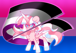 Size: 3464x2454 | Tagged: safe, artist:ladylullabystar, imported from derpibooru, oc, oc:lady lullaby star, alicorn, pony, asexual pride flag, female, mare, mouth hold, pride, pride flag, solo