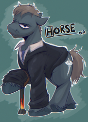 Size: 2672x3696 | Tagged: safe, artist:witchtaunter, imported from derpibooru, pony, angry, cane, clothes, commission, gregory house, male, stallion