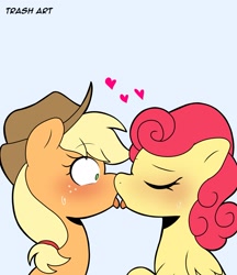 Size: 1773x2048 | Tagged: safe, artist:eltrash_art6, imported from derpibooru, applejack, strawberry sunrise, earth pony, pegasus, pony, applejack's hat, applerise, blushing, cowboy hat, duo, duo female, eyes closed, female, flustered, freckles, french kiss, gray background, hat, heart, kissing, lesbian, making out, mare, shipping, simple background, sweat, sweatdrop, tongue out