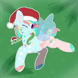 Size: 1500x1500 | Tagged: safe, artist:maravor, imported from derpibooru, oc, oc:blankie polka, flutter pony, pony, snake, christmas, commission, female, hat, holiday, mare, one eye closed, santa hat, solo, tongue out, wink, ych result