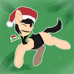 Size: 1500x1500 | Tagged: safe, artist:maravor, imported from derpibooru, oc, oc:jon, earth pony, pony, snake, christmas, clothes, commission, hat, holiday, male, one eye closed, santa hat, solo, stallion, tongue out, vest, wink, ych result