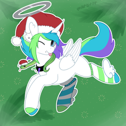 Size: 1500x1500 | Tagged: safe, artist:maravor, imported from derpibooru, oc, alicorn, pony, snake, christmas, commission, female, halo, hat, holiday, mare, one eye closed, santa hat, solo, tongue out, wink, ych result