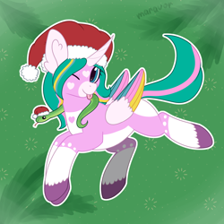 Size: 1500x1500 | Tagged: safe, artist:maravor, imported from derpibooru, oc, oc:star heart, alicorn, pony, snake, christmas, colored wings, commission, female, hat, holiday, mare, multicolored wings, one eye closed, santa hat, solo, tongue out, wings, wink, ych result