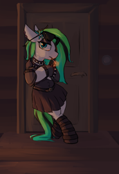 Size: 1240x1800 | Tagged: safe, artist:candel, imported from derpibooru, oc, oc only, oc:gumdrop, earth pony, pony, belt, choker, cigarette, clothes, crossed hooves, door, doorbell, ear piercing, eyeshadow, female, flower, flower in hair, highlights, makeup, mare, piercing, shirt, shoes, skirt, smoking, solo, spiked choker, stairs, sunglasses