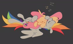 Size: 2048x1240 | Tagged: safe, artist:volchok_hehe, imported from derpibooru, fluttershy, rainbow dash, pegasus, pony, duo, female, gray background, lying down, mare, onomatopoeia, open mouth, prone, simple background, sleeping, sound effects, zzz