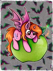 Size: 2250x3000 | Tagged: safe, artist:dariarchangel, imported from derpibooru, oc, oc only, oc:dazha, bat, bat pony, pony, unicorn, vampire bat pony, >:), adorable face, apple, bat ears, bat ponified, bat pony oc, bat wings, c:, cute, cute face, cute little fangs, cute smile, eyebrows, eyebrows visible through hair, fangs, female, female oc, food, giant apple, green apple, horn, long tail, looking at something, mare, mare oc, my precious, ocbetes, orange hair, orange mane, orange tail, passepartout, pink coat, pony oc, race swap, red eyes, small horn, smiling, smol, solo, spread wings, tail, traditional art, unicorn bat pony, unicorn oc, wings