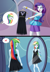 Size: 1100x1600 | Tagged: safe, artist:riouku, imported from derpibooru, rainbow dash, rarity, equestria girls, 2 panel comic, black dress, blushing, breasts, clothes, clothes hanger, comic, commission, cute, dashabetes, dress, duo, duo female, female, heart, little black dress, male, mirror, open mouth, rainbow dash always dresses in style, rainbow dash is not amused, skirt, unamused