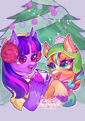 Size: 1443x2048 | Tagged: safe, artist:zackchibi, imported from derpibooru, sunny starscout, twilight sparkle, alicorn, earth pony, pony, chocolate, christmas, christmas tree, clothes, duo, duo female, earmuffs, female, food, g5, hat, holiday, hoof hold, hot chocolate, mare, marshmallow, mug, open mouth, open smile, signature, smiling, sunny and her heroine, tree, twilight sparkle (alicorn), unshorn fetlocks, winter outfit