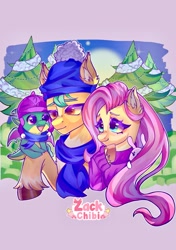 Size: 1443x2048 | Tagged: safe, artist:zackchibi, imported from derpibooru, angel bunny, fluttershy, hitch trailblazer, dragon, earth pony, pegasus, pony, rabbit, animal, baby, baby dragon, christmas, christmas tree, clothes, earmuffs, female, g5, hat, hitch and his 2nd heroine, holiday, male, mare, outdoors, scarf, sparky sparkeroni, stallion, sweater, tree, winter outfit