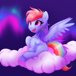 Size: 2048x2048 | Tagged: safe, artist:kuroartss, imported from derpibooru, rainbow dash, pegasus, pony, aurora borealis, blank flank, cloud, ear fluff, female, filly, filly rainbow dash, foal, on a cloud, open mouth, open smile, outdoors, sitting, sitting on a cloud, sky, smiling, solo, spread wings, wings, younger