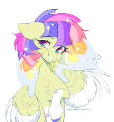 Size: 2700x2900 | Tagged: safe, artist:avroras_world, imported from derpibooru, oc, oc only, pegasus, pony, big ears, bust, circle background, clothes, colored wings, colored wingtips, female, floppy ears, grin, heart, looking at you, mare, multicolored hair, partially open wings, pictogram, question mark, rainbow hair, signature, smiling, smiling at you, socks, solo, sparkles, sparkly mane, speech bubble, two toned wings, wings