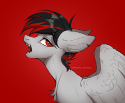 Size: 2050x1700 | Tagged: safe, alternate version, artist:avroras_world, imported from derpibooru, oc, oc only, pegasus, pony, blood, chest fluff, commission, fangs, floppy ears, gradient background, open mouth, partially open wings, profile, signature, solo, wings