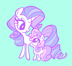 Size: 1297x1182 | Tagged: safe, artist:janegumball, imported from derpibooru, rarity, sweetie belle, pony, unicorn, belle sisters, blue background, duo, duo female, female, filly, foal, horn, looking at each other, looking at someone, mare, open mouth, open smile, siblings, simple background, sisters, smiling, smiling at each other