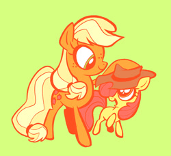 Size: 1297x1182 | Tagged: safe, artist:janegumball, imported from derpibooru, apple bloom, applejack, earth pony, pony, accessory swap, apple sisters, applejack's hat, cowboy hat, duo, duo female, female, filly, foal, green background, hat, looking at each other, looking at someone, mare, open mouth, open smile, raised hoof, siblings, simple background, sisters, smiling, smiling at each other