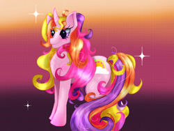 Size: 540x405 | Tagged: artist needed, source needed, useless source url, safe, imported from derpibooru, rainbow flash, pony, unicorn, g3, gradient background, horn, skullznbirdz, solo