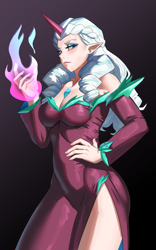 Size: 2500x4000 | Tagged: safe, artist:tzc, imported from derpibooru, opaline arcana, human, braid, breasts, busty opaline arcana, clothes, dress, elf ears, eyeshadow, female, g5, hand on hip, horn, horned humanization, humanized, looking at you, magic, makeup, solo