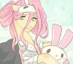 Size: 860x749 | Tagged: safe, alternate version, artist:mint1mango, imported from derpibooru, fluttershy, pegasus, pony, alternate hairstyle, ambiguous facial structure, clothes, female, looking at you, mare, pajamas, plushie, sleep mask, solo