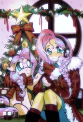 Size: 1320x1920 | Tagged: safe, artist:qianhe498, imported from derpibooru, fluttershy, human, pegasus, pony, equestria girls, christmas, christmas tree, clothes, gloves, holiday, human ponidox, self paradox, self ponidox, tree, winter outfit