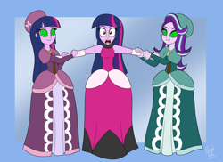 Size: 2922x2125 | Tagged: safe, artist:bageloftime, imported from derpibooru, starlight glimmer, twilight sparkle, alicorn, human, equestria girls, clothes, dress, evil twilight, gown, hypno eyes, hypnosis, hypnotized, long dress, long skirt, skirt, twilight sparkle (alicorn)