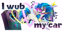 Size: 7081x3554 | Tagged: safe, artist:cutepencilcase, imported from derpibooru, dj pon-3, vinyl scratch, pony, unicorn, bumper sticker, horn, record, solo, speaker, wub