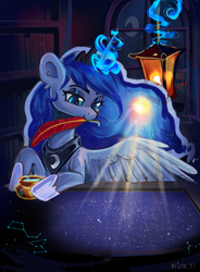 Size: 1698x2313 | Tagged: safe, artist:krista-21, imported from derpibooru, princess luna, alicorn, pony, blushing, book, bookshelf, commission, commissioner:shaddar, constellation, cute, feather, hooves, ink, lantern, light, lunabetes, magic, map, moon, solo, spread wings, window, wings