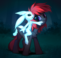 Size: 1785x1704 | Tagged: safe, artist:vensual99, imported from derpibooru, oc, pegasus, pony, forest, gray coat, looking at someone, looking back, nature, night, oc name needed, ori, ori and the blind forest, pointing, red mane, riding, riding a pony, tree