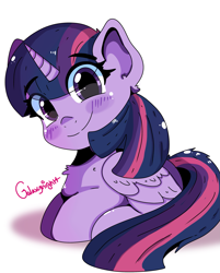 Size: 2185x2720 | Tagged: safe, artist:galaxynightt, imported from derpibooru, twilight sparkle, alicorn, pony, chest fluff, cute, ear fluff, eye clipping through hair, female, looking at you, lying down, mare, prone, simple background, smiling, solo, twiabetes, twilight sparkle (alicorn), white background