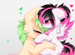 Size: 1600x1173 | Tagged: safe, artist:lunylin, imported from derpibooru, oc, oc only, oc:c-3301, oc:lunylin, pegasus, pony, unicorn, chest fluff, colored belly, cute, dark belly, duo, duo female, female, floppy ears, flying, horn, lesbian, reverse countershading, simple background