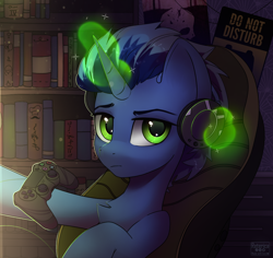 Size: 1642x1550 | Tagged: safe, artist:radioaxi, imported from derpibooru, oc, oc only, pony, unicorn, chair, chest fluff, commission, controller, gaming chair, glowing, glowing horn, horn, looking at you, magic, office chair, sitting, solo