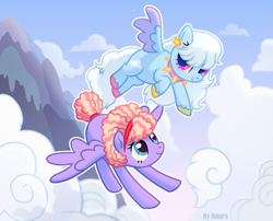 Size: 1341x1082 | Tagged: safe, artist:amarantastar, imported from derpibooru, oc, oc only, oc:fluff snowflake, pegasus, pony, choker, cloud, duo, ear piercing, earring, female, flying, hairband, jewelry, mare, mountain, piercing, spiked choker, unshorn fetlocks