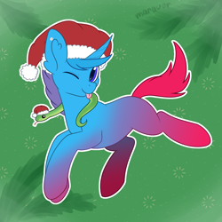 Size: 1500x1500 | Tagged: safe, artist:maravor, imported from derpibooru, oc, pony, snake, unicorn, christmas, hat, holiday, horn, male, one eye closed, santa hat, solo, stallion, tongue out, wink